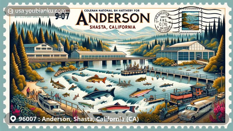 Creative illustration of Anderson, Shasta, California, with postal theme showcasing ZIP code 96007.