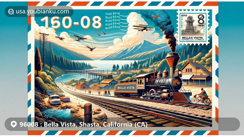 Modern illustration of Bella Vista, California, showcasing postal theme with ZIP code 96008, featuring lumber town history, outdoor activities like hiking, biking, and fishing, and natural beauty of mountains, forests, and clear skies.