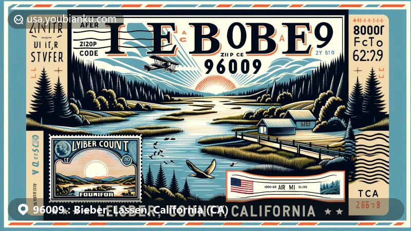 Modern illustration of Bieber, Lassen County, California, featuring picturesque views along the Pit River, vintage postal elements, and a stamp with a key landmark, capturing the rural charm and natural beauty of the area.