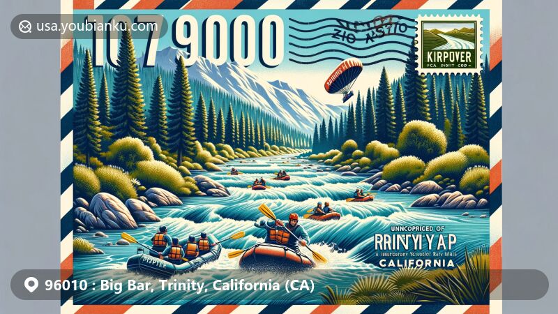 Modern illustration of Big Bar, Trinity County, California, featuring Trinity River rapids and postal theme with vintage airmail envelope and ZIP code 96010, showcasing Trinity Alps Wilderness and outdoor lifestyle.