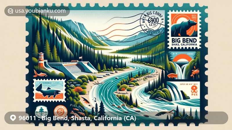 Modern illustration of Big Bend, Shasta County, California, depicting ZIP code 96011 with Pit River, Chalk Mountain's 'White Buffalo' slide, wildlife icons, and Pit Five Hydroelectric Dam.
