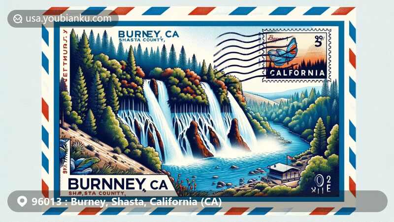 Vivid illustration of Burney Falls, Shasta County, California, with airmail envelope showcasing ZIP code 96013, featuring lush vegetation and regional postal theme.