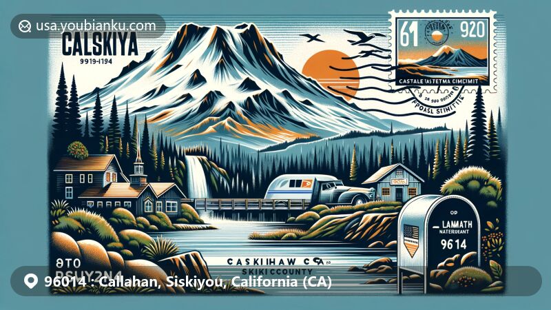 Modern illustration of Callahan, Siskiyou County, California, showcasing postal theme with ZIP code 96014, featuring Mount Shasta, Castle Crags, and Klamath River.