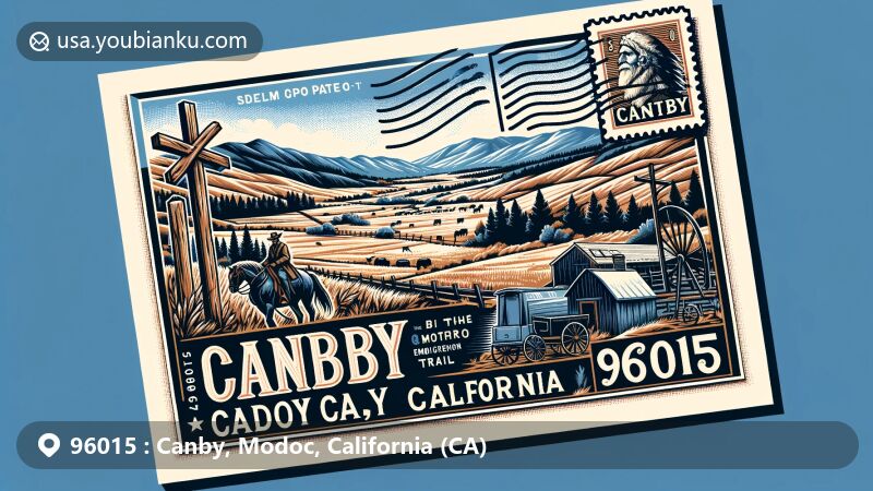 Modern illustration of Canby, Modoc County, California, featuring rural landscapes, historical landmarks like Canby's Cross and the Old Emigrant Trail, and postal theme with ZIP code 96015.