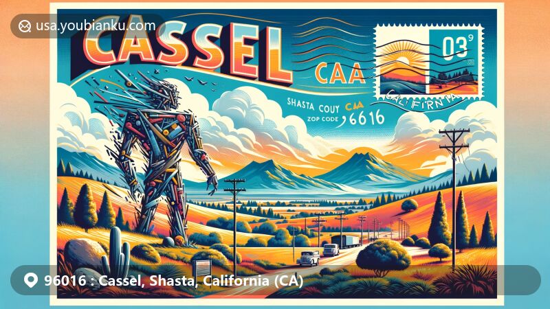 Modern illustration of Cassel, California, highlighting the ZIP code 96016 and the Large Junk Art Sculptures, iconic landmarks in the area, set against the natural beauty of Shasta County and featuring California state symbols.