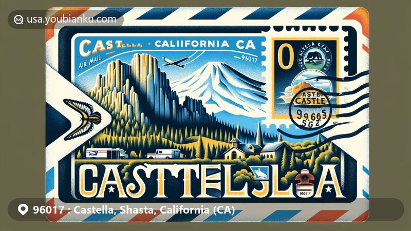 Modern illustration of Castella, Shasta, California, showcasing postal theme with ZIP code 96017, featuring Castle Crags State Park and Mt. Shasta.
