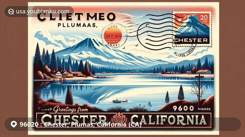 Modern illustration of Chester, Plumas County, California, featuring Lake Almanor with Sierra Nevada and Cascade Range in the background, showcasing the town's unique geographical location and climate characteristics.