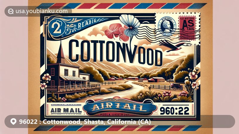 Creative modern illustration of 96022, Cottonwood, Shasta, California, on vintage air mail envelope, featuring ZIP code, Cottonwood Creek, Reading Adobe, and nostalgic postal elements.
