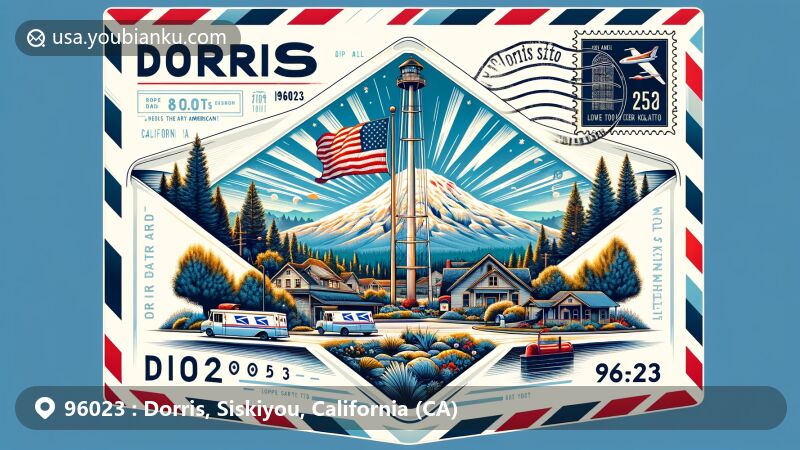 Modern illustration of Dorris, California, featuring 200-foot tall flagpole and Mt. Shasta, designed as a airmail envelope with American flag colors, showcasing ZIP code 96023 as gateway to Lower Klamath.