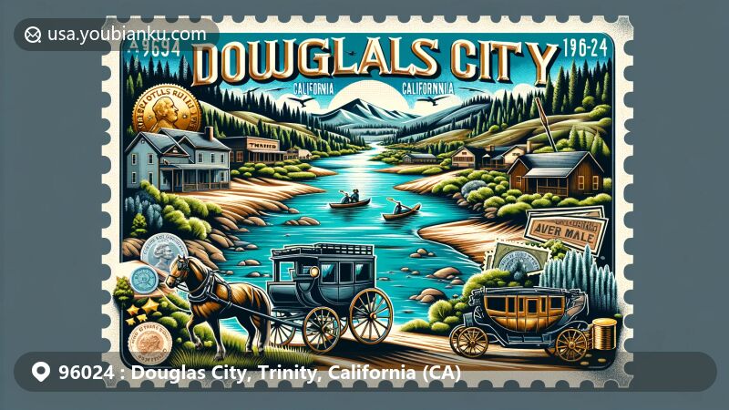 Modern illustration of Douglas City, California, Trinity County, blending historical and natural elements, showcasing Trinity River, popular for trout fishing and kayaking, against lush semi-wilderness backdrop, subtly integrating gold mining history with gold pans and tools, featuring stylized postcard theme with postal elements like stamps and postmark.