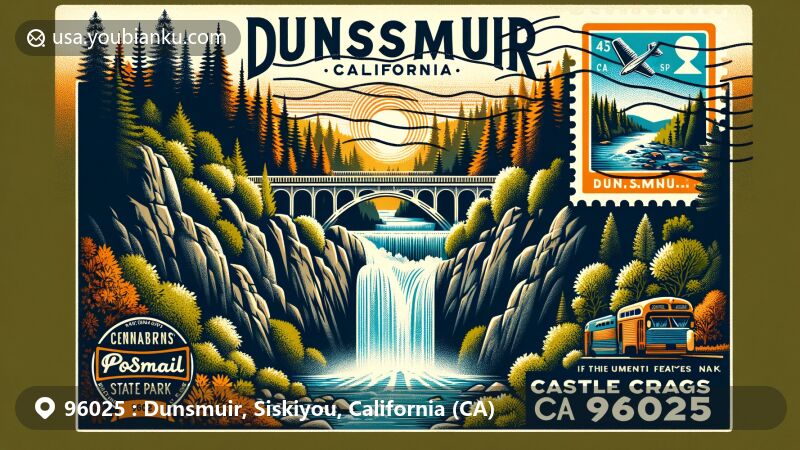 Vibrant illustration of Dunsmuir, California, focusing on Mossbrae Falls and Castle Crags State Park, with vintage postal elements and natural beauty.