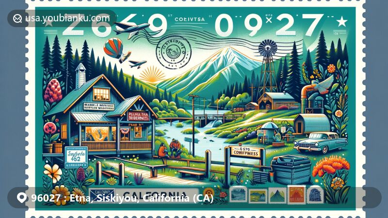 Contemporary illustration of Etna, California, representing ZIP code 96027, featuring Marble Mountain Wilderness, Pacific Crest Trail, and Etna Brewing Company, emphasizing outdoor activities and small-town charm.