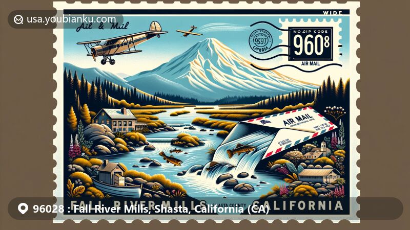 Modern illustration of Fall River Mills, Shasta County, California, inspired by ZIP code 96028, featuring Mount Shasta, Mount Lassen, and iconic local elements like the Fall River, wild trout, and fly fishing activities.