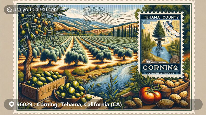 Modern illustration of Corning, Tehama County, California, capturing agricultural scenery with olive orchards, tomatoes, almonds, Sacramento River, rugged terrain, and dense forests. Features retro air mail envelope with postal stamp showcasing ZIP code 96029 and Olive Pit landmark.