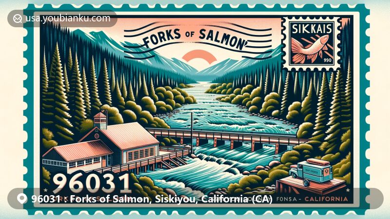 Modern illustration of Forks of Salmon, Siskiyou County, California, featuring confluence of Salmon River forks, vintage postage stamp with ZIP code 96031, and post office building.