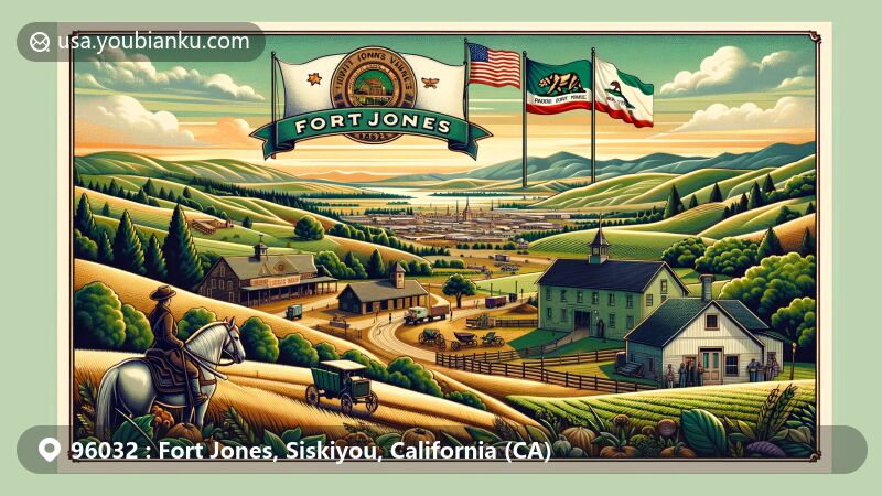 Modern illustration of Fort Jones, California, vintage-style postcard with ZIP code 96032, featuring historical elements like representation of original Fort Jones, military heritage of Colonel Roger Jones, and cultural diversity from California Gold Rush.