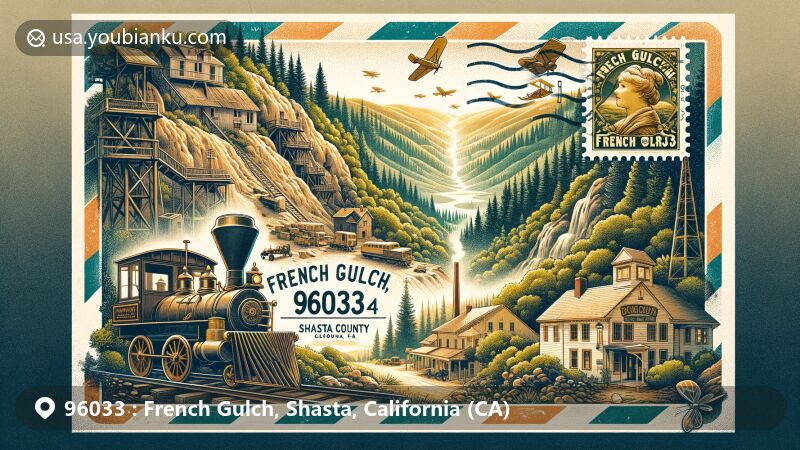 Modern illustration of French Gulch, Shasta County, California, showcasing gold mining history and natural beauty with vintage air mail envelope and ZIP code 96033.