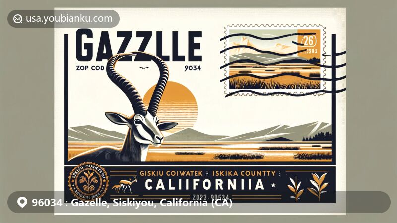 Illustration representing ZIP code 96034 in Gazelle, Siskiyou County, California, capturing small-town charm and natural beauty with rural essence and elevation of 2,769 feet, featuring modern postcard design and symbolic local elements.