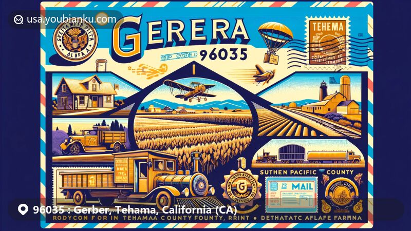 Modern illustration of Gerber area in Tehama County, California, showcasing rural community with ties to Southern Pacific Railroad, alfalfa farming, and postal heritage, featuring Tehama County seal and agricultural elements.