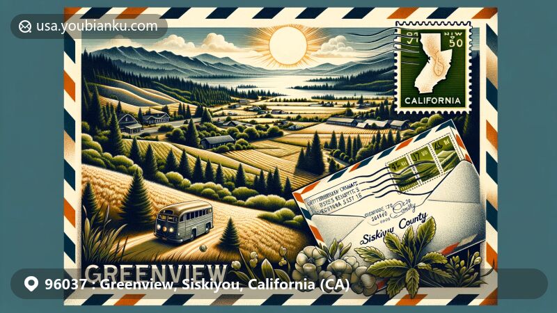 Modern illustration of Greenview, Siskiyou County, California, blending geographic beauty with postal elements, featuring airmail envelope, California state flag, map of Siskiyou County, and ZIP code 96037.