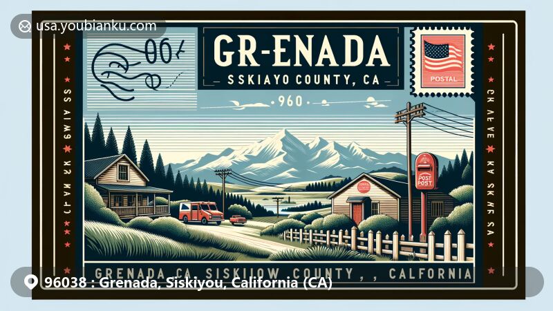 Modern illustration of Grenada, Siskiyou County, California, showcasing postal theme with ZIP code 96038, featuring scenic beauty against Siskiyou County backdrop, vintage postcard format, and iconic postal elements.