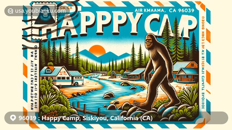 Modern illustration of Happy Camp, Siskiyou, California, showcasing the town's attractions and postal theme with ZIP code 96039, including the Klamath River, Bigfoot statue, lush greenery, and air mail elements.