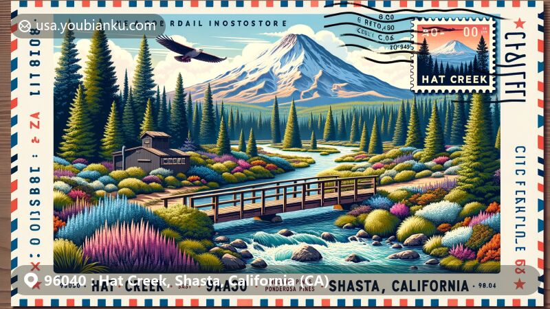 Modern illustration of Hat Creek area, Shasta County, California, capturing the essence of ZIP code 96040 with flowing Hat Creek, Lassen National Forest, and Lassen Peak in the background, showcasing local flora, footbridge, and Hat Creek Radio Observatory.