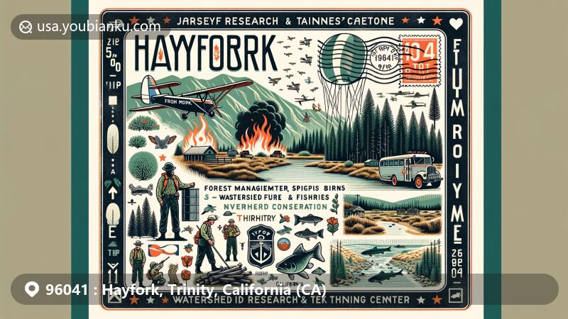 Contemporary illustration of Hayfork, Trinity County, California, with vintage air mail envelope displaying ZIP code 96041, featuring forest management, prescribed burns, watershed stewardship, fisheries conservation, and youth engagement in environmental activities.