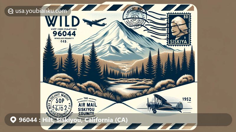 Modern illustration of Hilt, Siskiyou County, California, featuring Mount Shasta range against a blue sky and pine trees, with open air mail envelope and vintage stamp showcasing postal theme and county's motto.