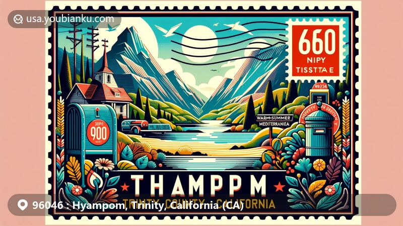 Modern illustration of Hyampom, Trinity County, California, featuring ZIP code 96046, showcasing Trinity Mountains and Mediterranean climate, with vintage postbox and postage stamp, flags of Trinity County and California state.