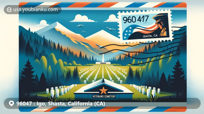 Modern illustration of Igo, Shasta County, California, depicting Northern California Veterans Cemetery on an airmail envelope with ZIP code 96047, set against Shasta County's scenic mountains and forests.