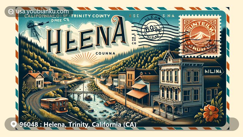 Creative illustration of Helena area, Trinity County, California, featuring vintage postal theme with Trinity River, historical buildings like Currie Cottage, Meckel Store, and Shlomer Brick Building, Trinity Alps, and California state symbols.