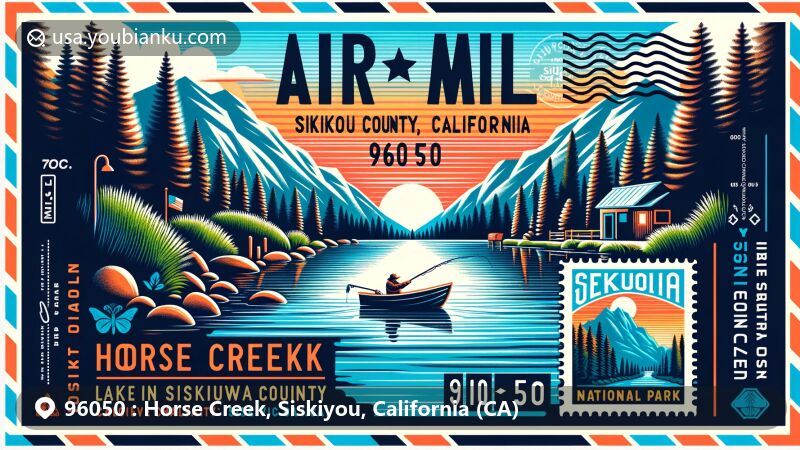 Modern illustration of Horse Creek, Siskiyou County, California, presented on vibrant air mail envelope with ZIP code 96050, featuring serene lake scene reminiscent of Lake Kaweah and Siskiyou mountains.