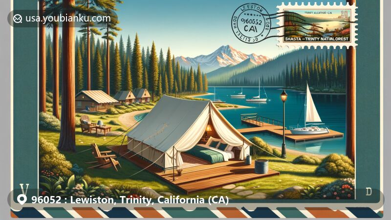 Modern illustration of Lewiston, Trinity County, California, showcasing natural beauty and outdoor activities around Lewiston Lake in Shasta-Trinity National Forest, featuring Glamping tent from Mary Smith Campground, a boat representing Trinity Alps Marina, lush greenery, and majestic Trinity Alps, creatively incorporating postal elements like vintage postcard border, retro-style stamp with '96052 Lewiston, CA' and a postmark with current date.