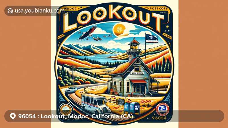 Modern illustration of Lookout, Modoc County, California, capturing natural beauty and postal theme with ZIP code 96054, featuring rolling hills, open spaces, local flora, vintage postal elements, historic post office, California state flag, and postal symbols.