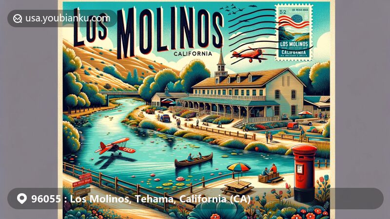 Modern illustration of Los Molinos, Tehama, California, featuring Sacramento River, Mill Creek Park with lush greenery, Molino Lodge Building, vintage air mail envelope, California state flag stamp, Los Molinos postmark, and classic red mailbox.