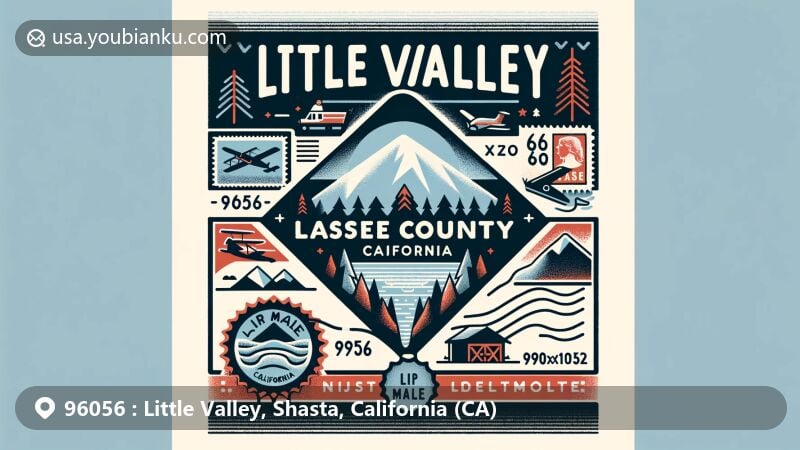 Modern illustration of Little Valley, Lassen County, California, highlighting ZIP code 96056 and rural charm with scenic landscape, county outline, and vintage postal elements.