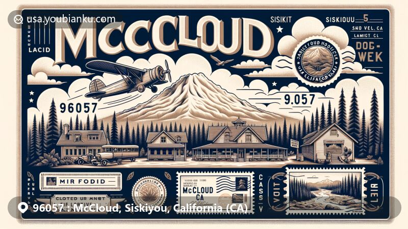 Modern illustration of the McCloud area in Siskiyou County, California, capturing the essence of a historic lumber town with a vintage air mail envelope, featuring the McCloud Hotel, post office, and Mount Shasta.