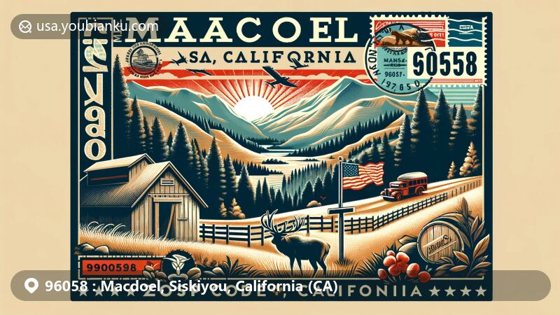 Modern illustration of Macdoel, California, Siskiyou County, showcasing a postcard representation with ZIP code 96058 and iconic California symbols in a backdrop of Northern California's natural scenery.