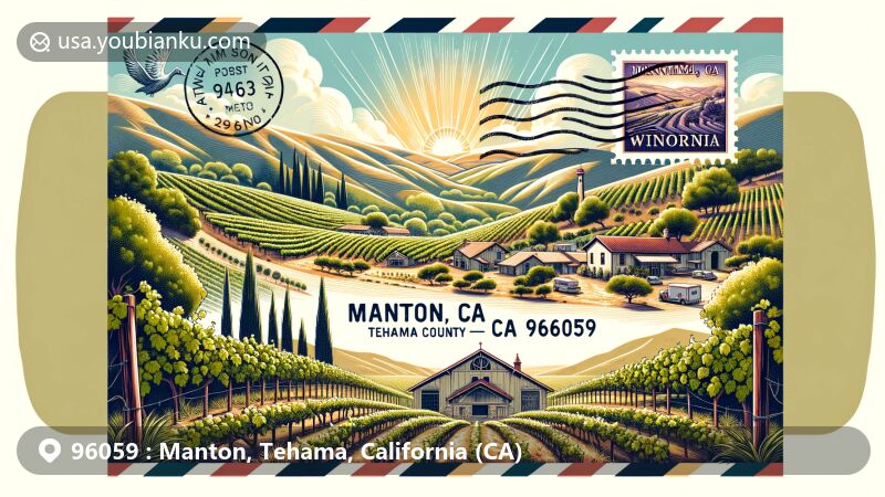 Modern illustration of Manton, Tehama County, California, showcasing vineyard scenery under warm-summer Mediterranean climate, featuring Mount Tehama Winery and vintage postal elements.