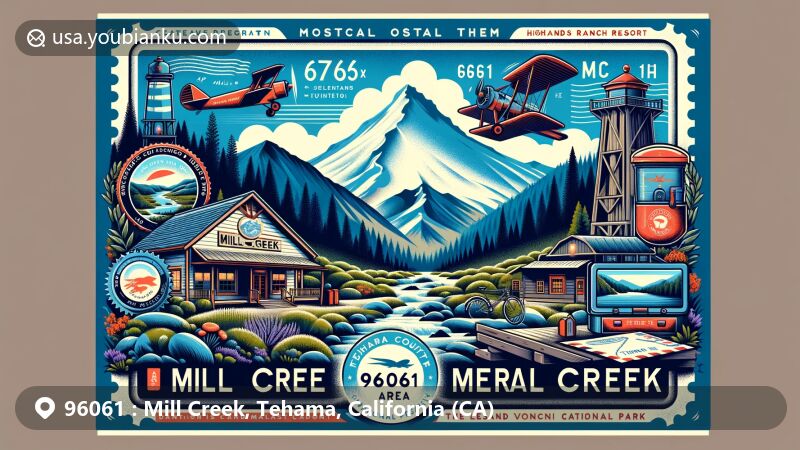 Modern illustration of Mill Creek, Tehama County, California, featuring postal theme with postal elements like air mail envelope, postmarks, and postage stamp. Includes iconic landmarks such as Lassen Peak, Childs Meadow, and Highlands Ranch Resort.
