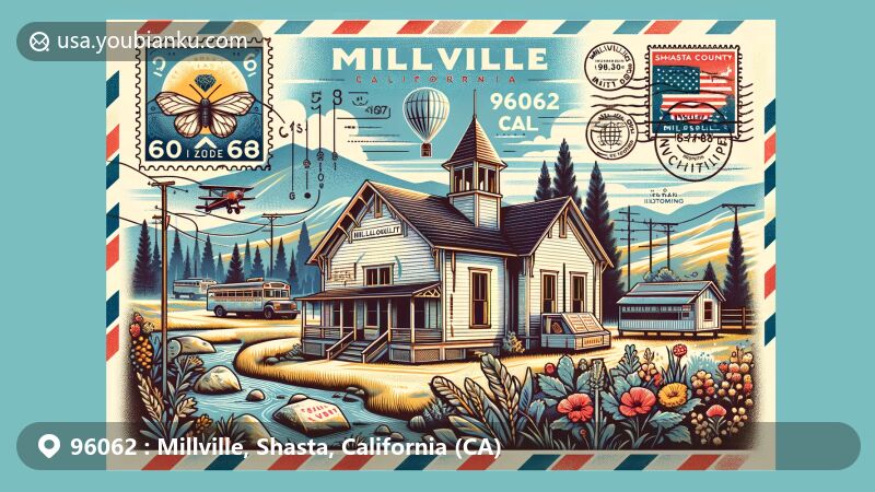 Modern illustration of Millville, CA, in Shasta County, showcasing historic schoolhouse, now Millville Historical Society Museum, with local flora motifs, vintage postcard style with postal elements, emphasizing ZIP Code 96062.