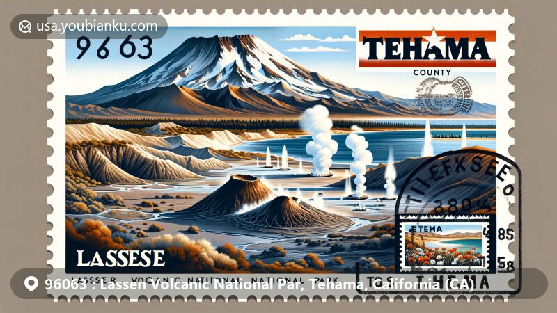 Modern illustration of Lassen Peak in Lassen Volcanic National Park, highlighting volcanic landscape, geothermal features, California state flag, Tehama County, postcard stamp, and postmark with ZIP code 96063.