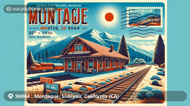 Modern illustration of Montague, CA area in ZIP code 96064, featuring Montague Railroad Depot Museum and Mediterranean climate, with vintage postcard design.