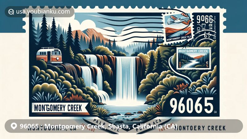 Vibrant illustration of Montgomery Creek, California, depicting natural wonders like Montgomery Creek Falls, Hatchet Creek Falls, and Burney Falls, along with a vintage air mail envelope showcasing ZIP code 96065.