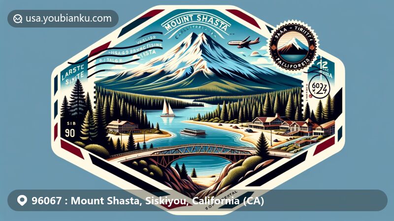 Modern illustration of Mount Shasta, California, featuring snow-capped peak, Lake Siskiyou, Black Butte, and Shasta-Trinity National Forest in a vintage airmail envelope with postal marks and ZIP code 96067.