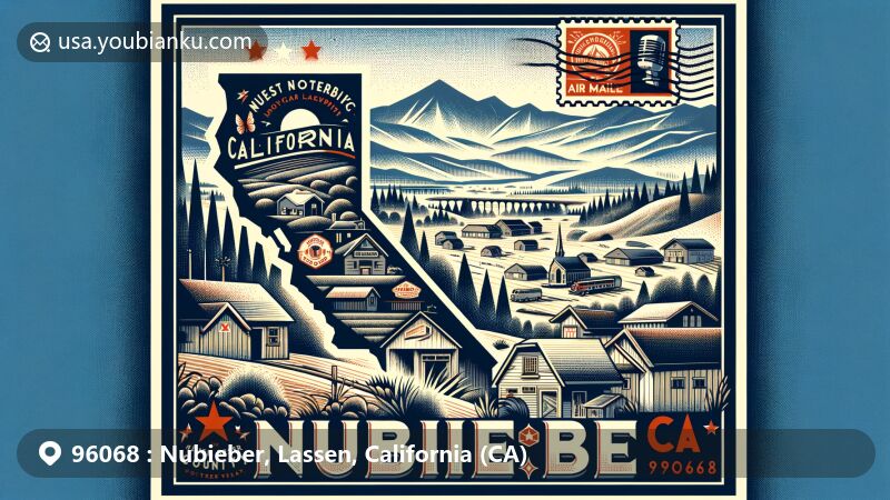 Modern illustration of Nubieber, Lassen County, California, highlighting ZIP code 96068 and rural charm, featuring vintage postcard elements and nods to railroad history.