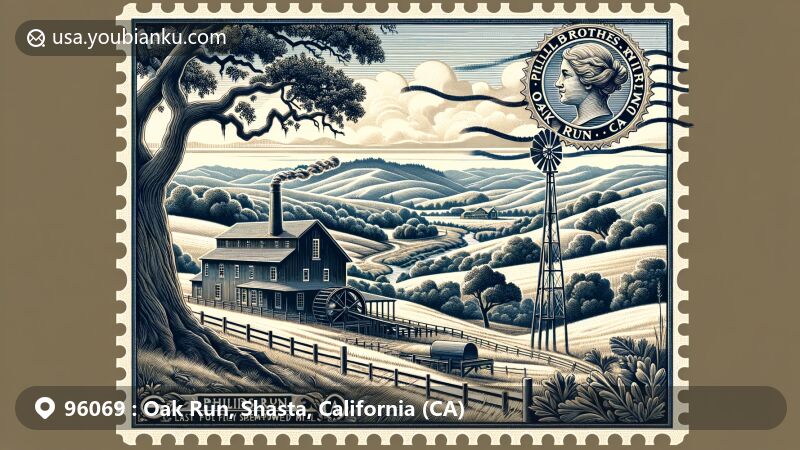 Modern illustration of Oak Run, California, highlighting Phillips Brothers Mill as the last fully steam-powered sawmill in the US, set amidst expansive rural landscapes with rolling hills, oak trees, and mountain views, featuring vintage postage stamp with '96069 Oak Run, CA'.