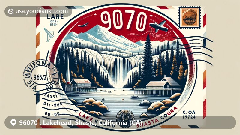 Modern illustration of Lake Shasta Caverns in Lakehead, Shasta, CA, with postal code 96070, featuring California state flag, Shasta County's landmarks, and postal elements like stamps, postmarks, and mailboxes.