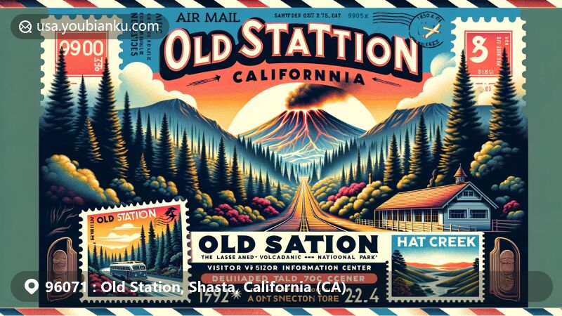 Modern illustration of Old Station, California, featuring Lassen Volcanic National Park, Hat Creek area, and Visitor Information Center, with postal theme elements for ZIP code 96071.